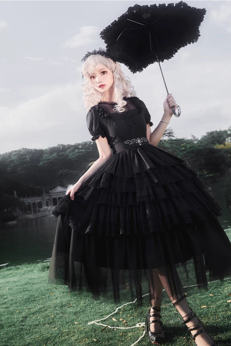 Schwarzes Twin Ivory Towers kurzärmliges fünflagiges Gothic Lolita-Kleid mit Rüschen