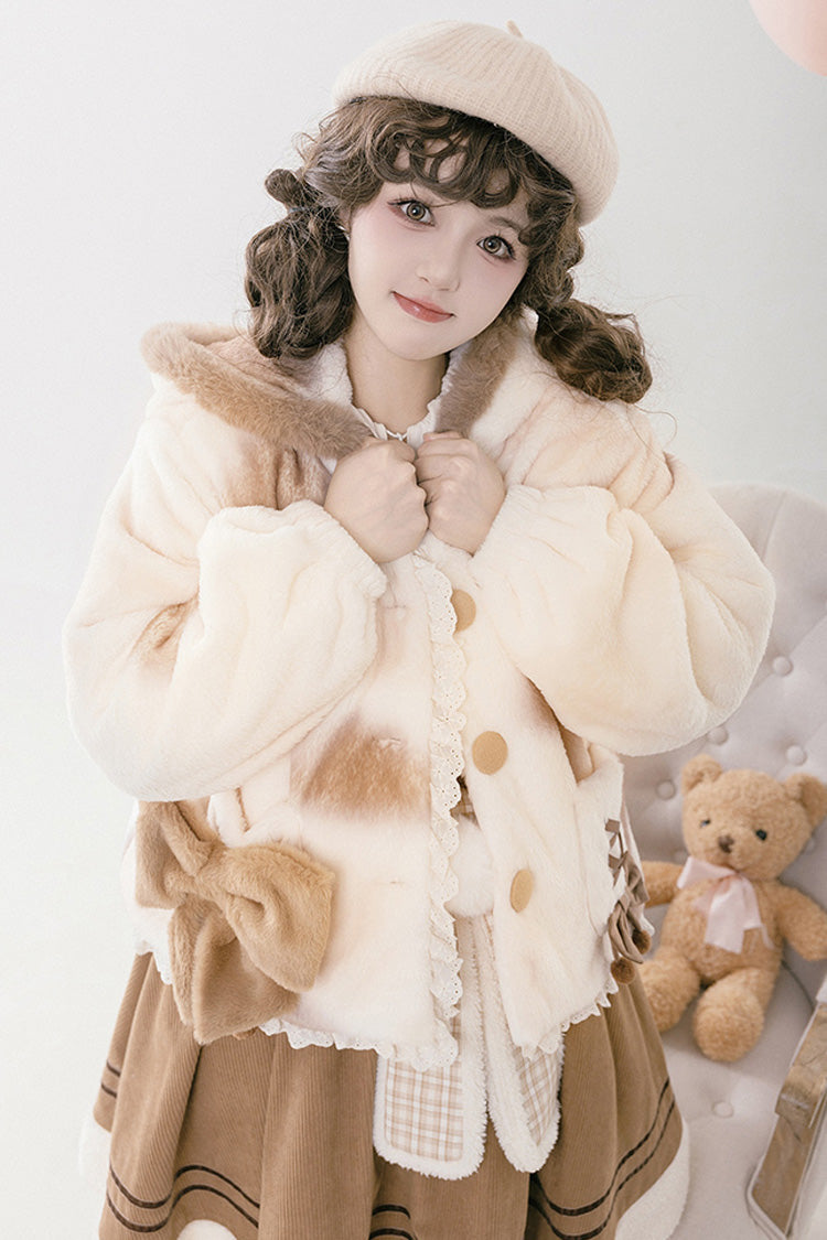 Ivory [Mocha Bear] Print Bowknot Hooded Sweet Lolita Coat