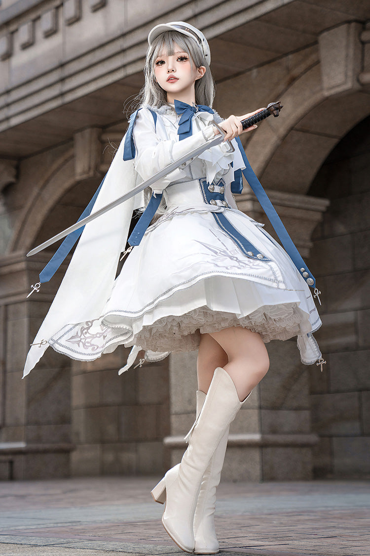 White/Blue [Star Knight] Print Punk Military Princess Handsome Ouji Lolita Skirt