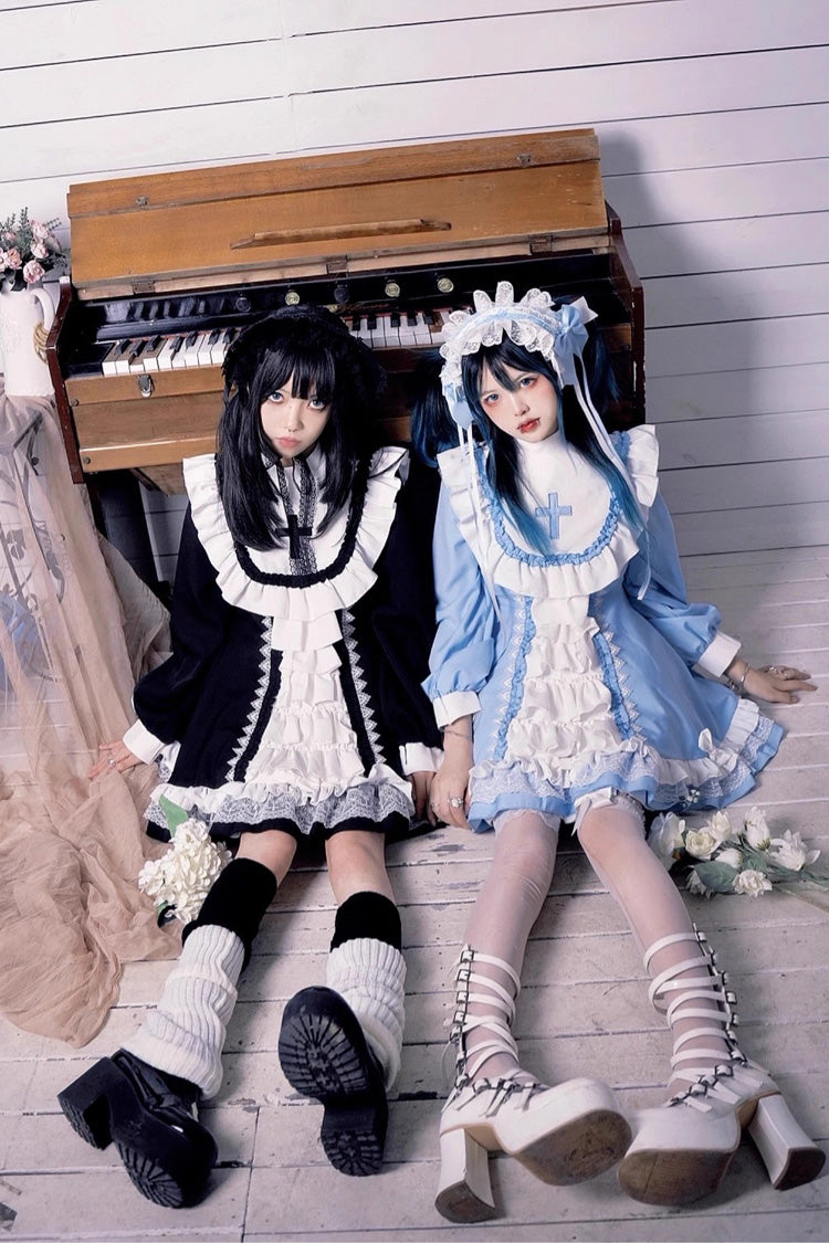 White/Blue Long Sleeves Multi-layer Cross Print Nun Style Ruffle Sweet Lolita Dress