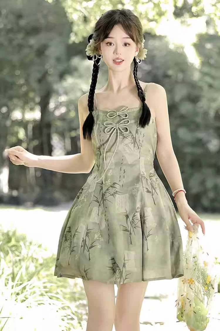 Green Bamboo Print Lace-Up Sweet Chinese Style Lolita Jsk Dress