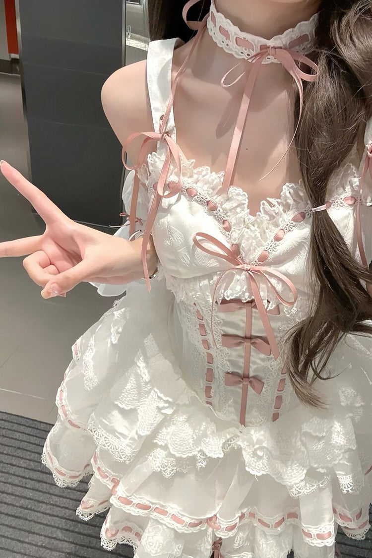 White [Little Love Song] Detachable Trumpet Sleeves Ruffle Bowknot Lace Sweet Lolita Top Skirt Set
