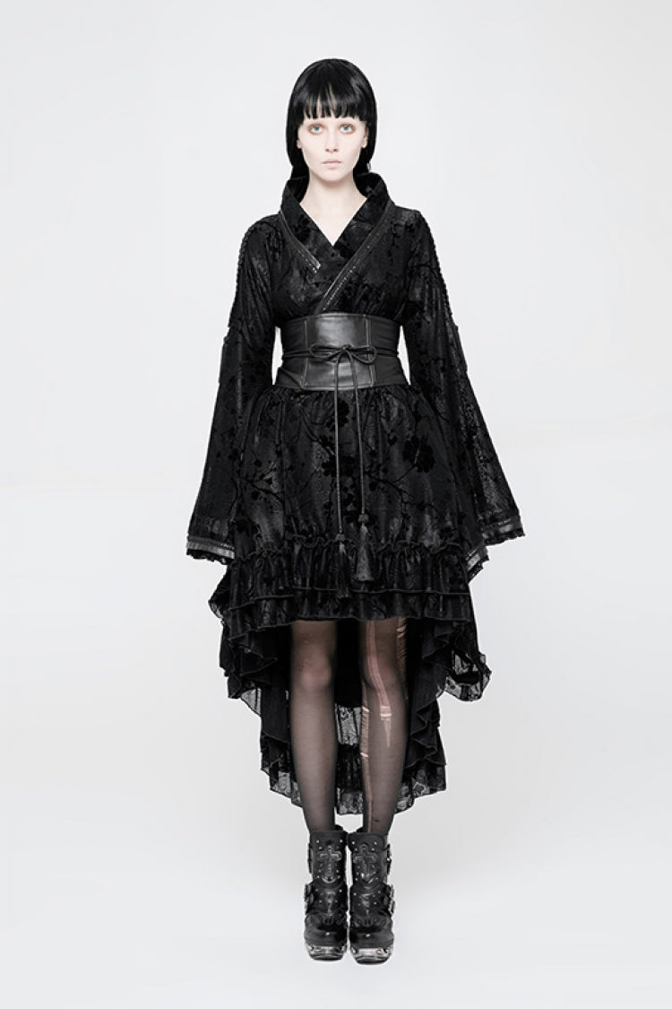 Black Long Sleeves Print Ruffle Women's Gothic Kimono Dress