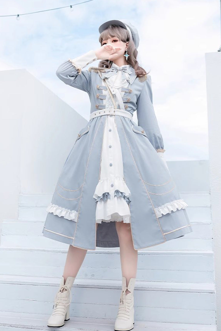 White/Blue Star Ocean Fantasy Cardigan Bowknot Stitching Sweet Military Lolita Dress