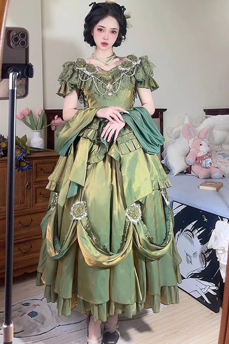 Tana Manor Lolita Kleid mit Blumenmuster und Rüschen, langen Ärmeln, Schleife, elegant, süß, Prinzessin, trägerlos, Grün