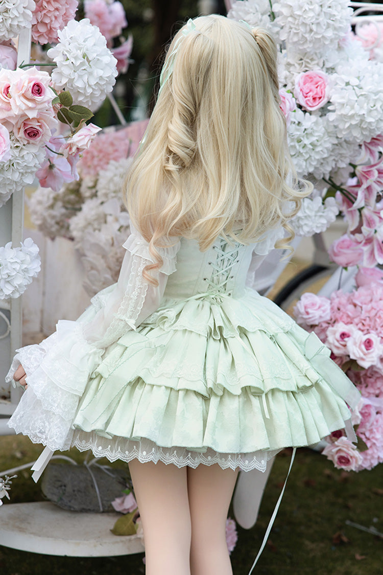 Light Green Halterneck Double-Layered Jacquard Ruffle Bowknot Lace Sweet Ballet Lolita Jsk Dress