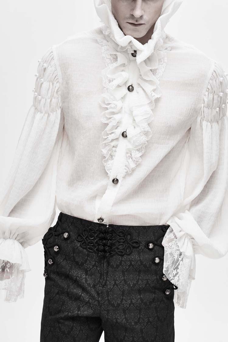 White Ruffle Stand Collar Lantern Sleeves Jacquard Men's Gothic Blouse