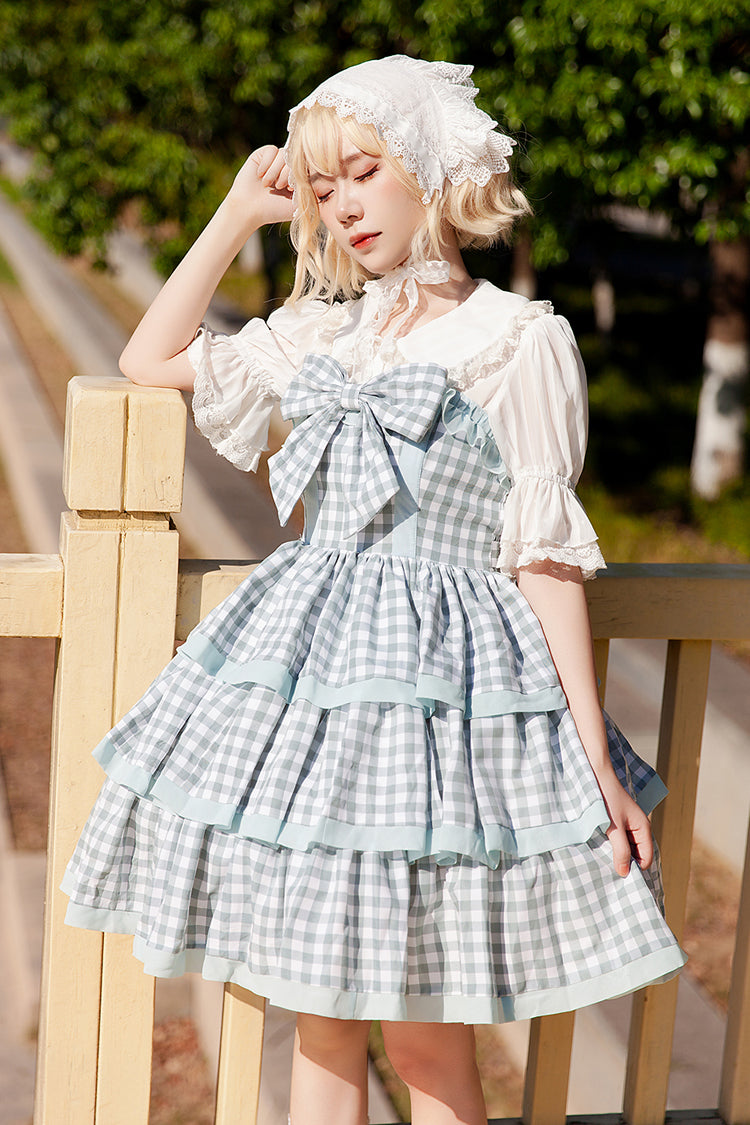 Blau [Cloth Cat] Süßes Lolita-Kleid mit dreilagigem Karomuster, Rüschen und Schleife, 2 Farben