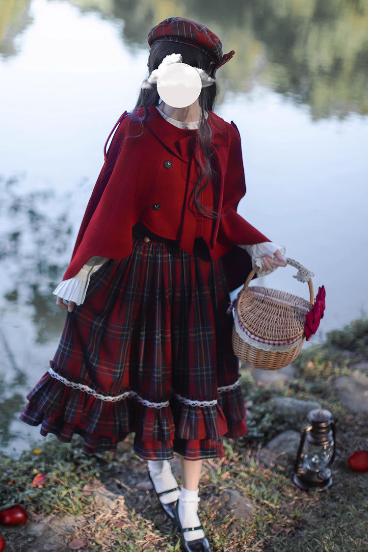 Red [Little Red Riding Hood] Double-Layered Plaid Print Ruffle Bowknot Sweet Vintage Lolita Jumper Dress