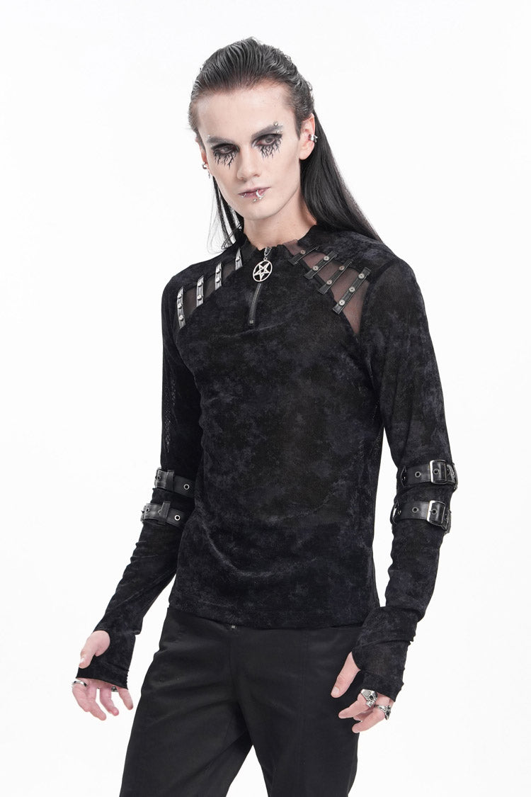 Black Round Collar Long Sleeves Buckle Star Studs Men's Gothic T-Shirt