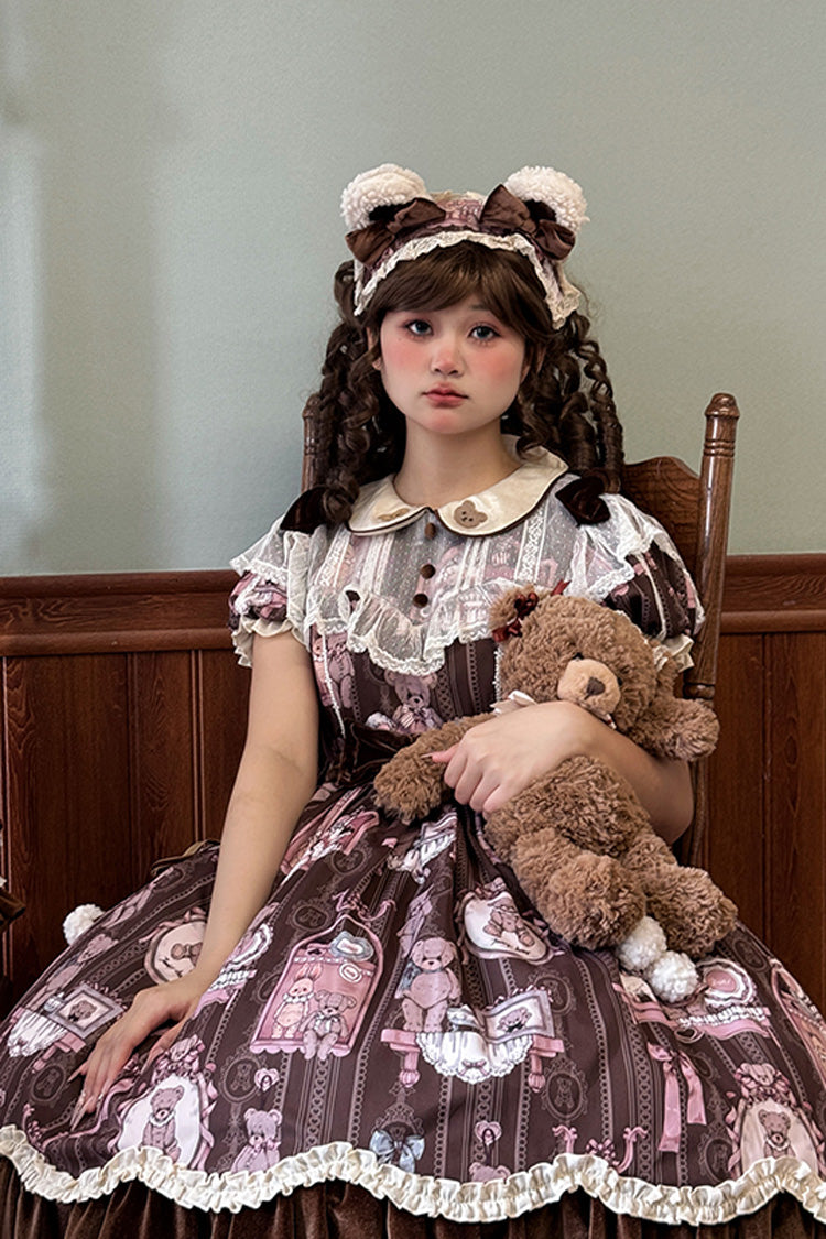 Brown Bear Doll Wall Print Short Sleeves Ruffle Embroidery Bowknot Sweet Lolita Dress