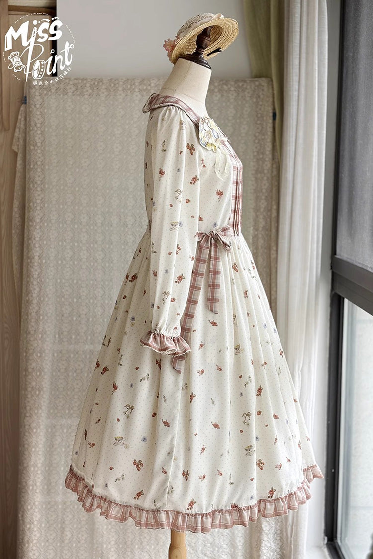 Ivory Round Collar Long Sleeves Print Ruffle Bowknot Sweet Elegant Lolita Dress