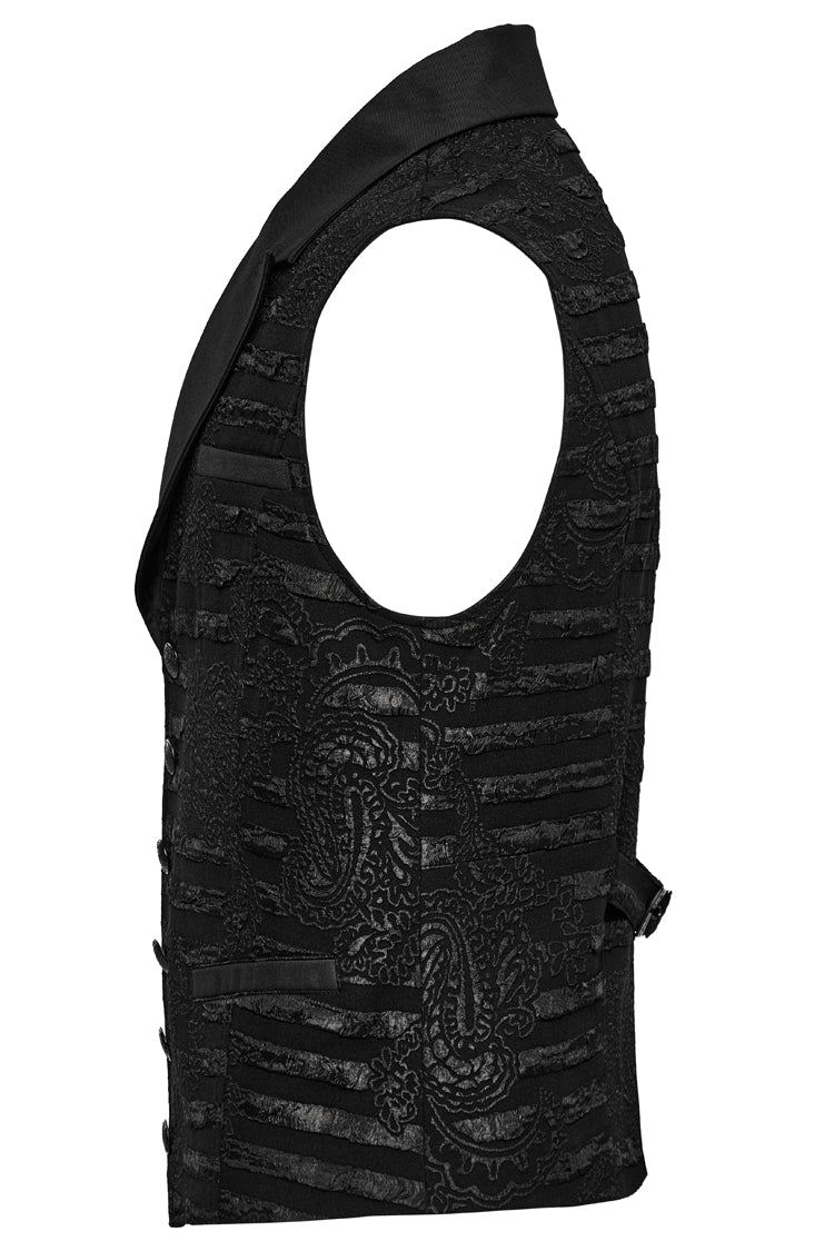 Schwarze Gothic-Weste für Herren mit V-Kragen und Jacquard-Streifen-Print