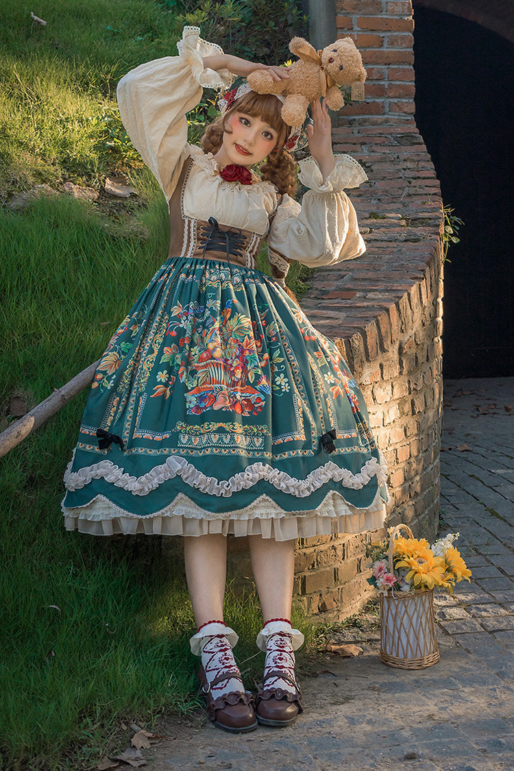 Grün [Ode an die Fülle] Beeren- und Vogeldruck Rüschen Bowknot Samt Klassisches Lolita Brustunterstützung Jsk Kleid