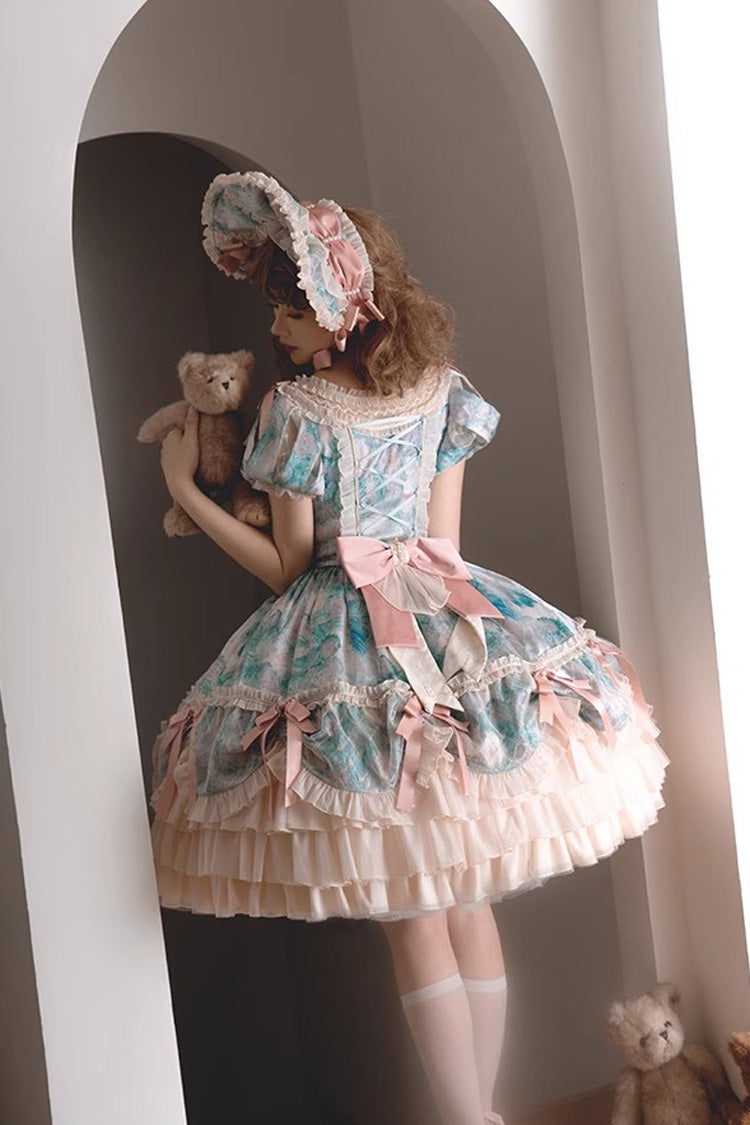 [Angel Heart Sky Oil Painting] Print Ruffle Cardigan Bowknot Sweet Princess Lolita Dress 3 Colors