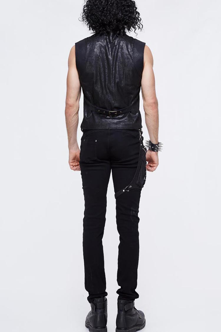 Black Coarse Texture Woolen Patchwork Heat Seal Backing Leather Loop Rough Selvage Men's Punk Waistcoat