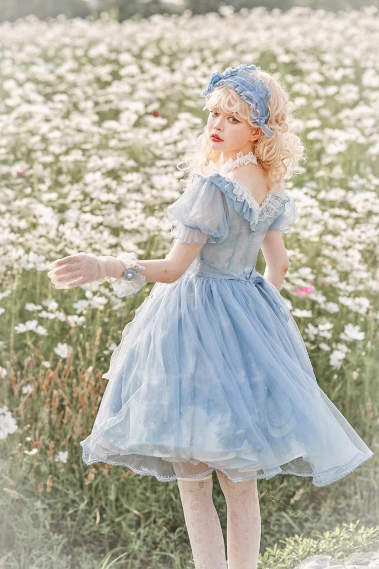 Blaues süßes Lolita-Kleid mit Rüschenspitze und Planeten-Schmetterlings-Print