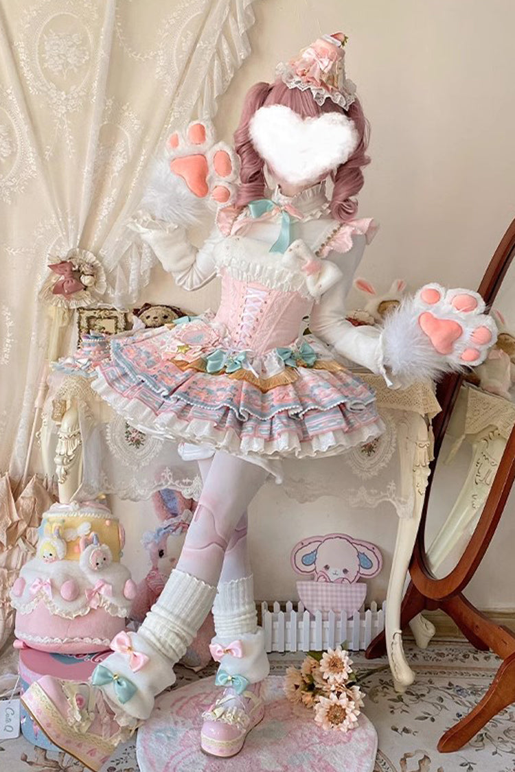 Pink [Candy House] Multi-Layered Print Ruffle Bowknot Lace-Up Sweet Ballet Lolita Jsk Dress