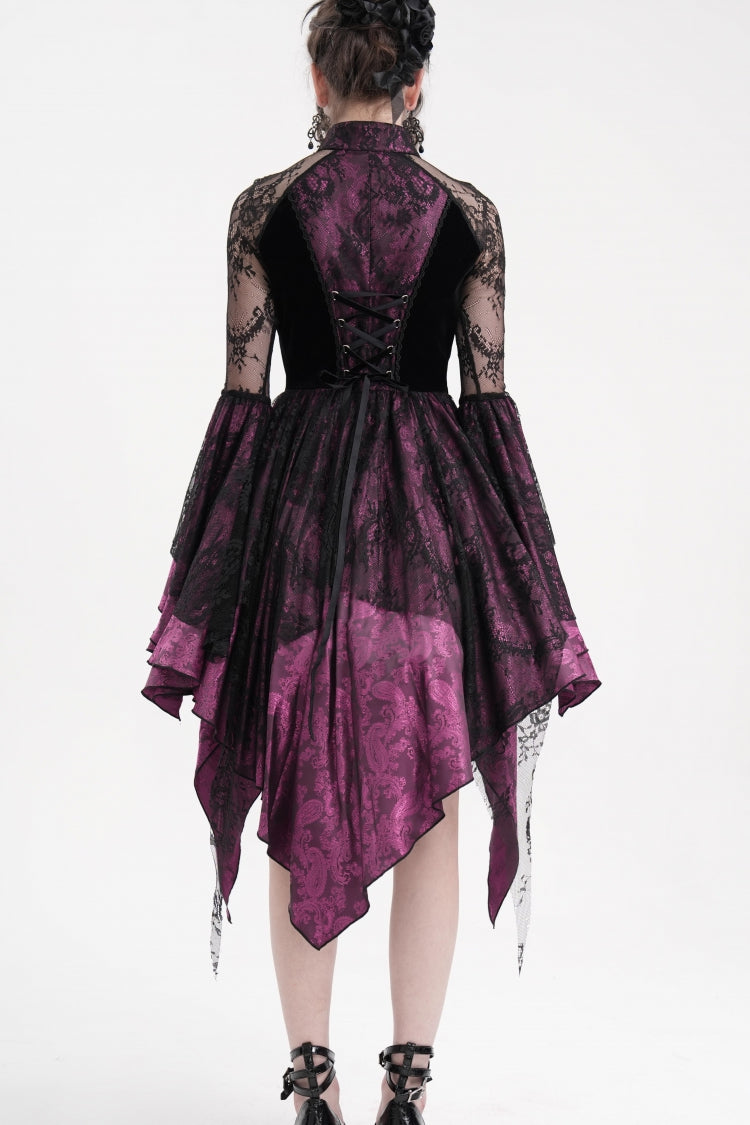 Black/Purple Long Sleeves Embroidery Lace Lace-Up Irregular Sheer Mesh Women's Gothic Dress