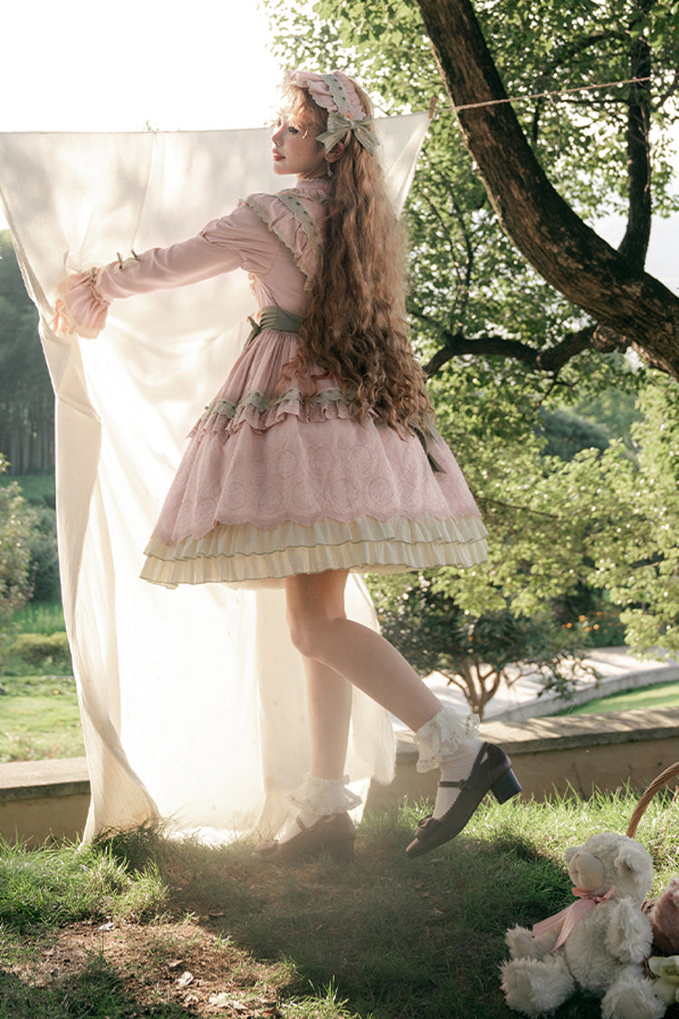 Pink [Solitary Orchid In Quiet Valley] Long Sleeves Multi-Layered Embroidery Bowknot Sweet Lolita Dress