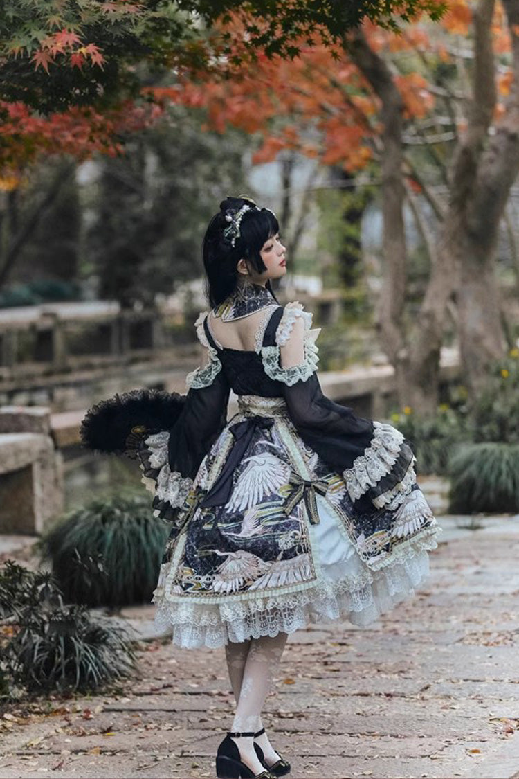 Süßes Lolita-Kleid im chinesischen Stil mit langen Ärmeln, Rüschenspitze und Druck, 3 Farben