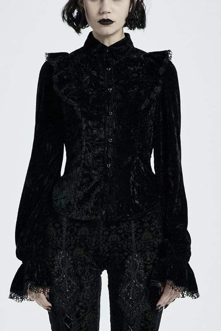 Black Gothic Velvet High Collar Front Chest Flounce Lace Cuff Back Waist Lace Up Print Women's Blouse