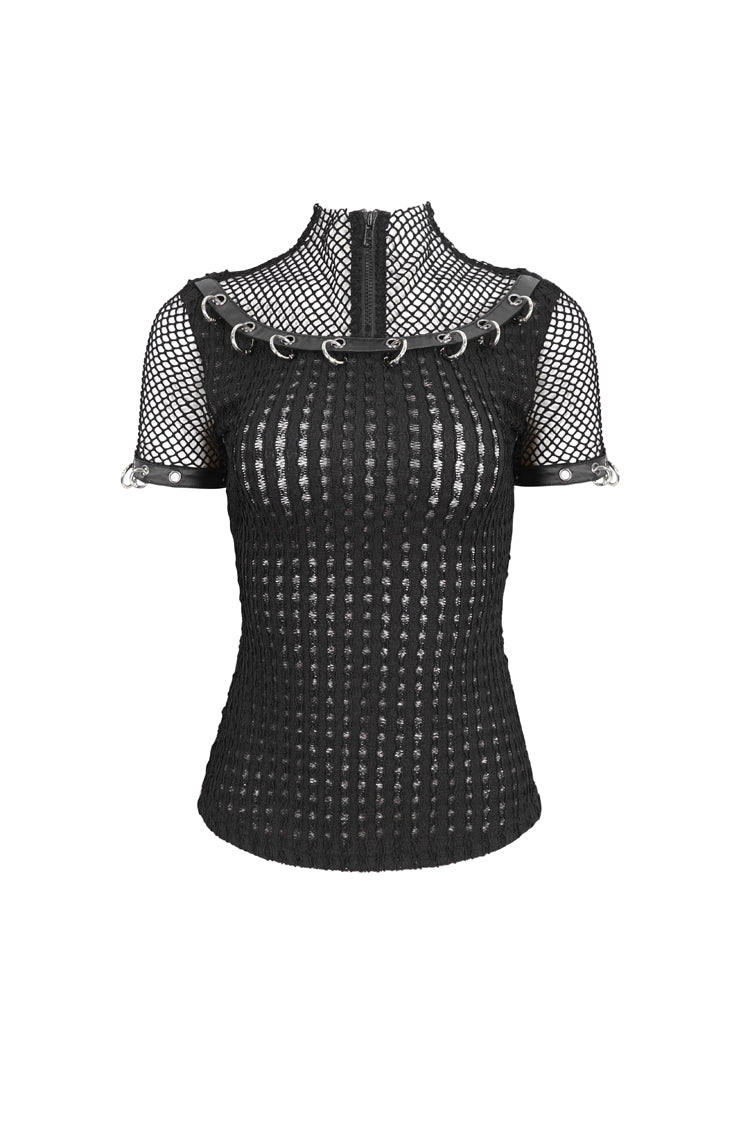 Black Mesh Rings Short Sleeved Womens Punk Top