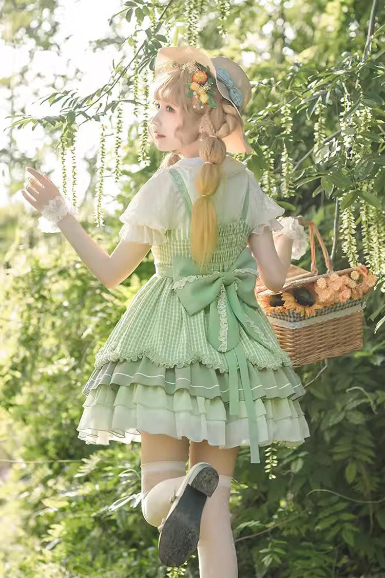 Grünes, mehrlagiges, bedrucktes Rüschen-Schleifenkleid im Country-Stil mit süßem Lolita-JSK (mit Schürze)