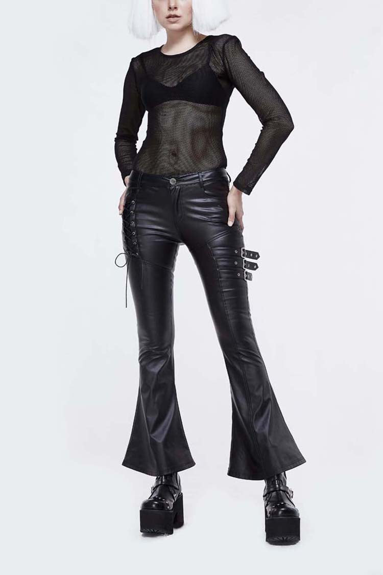 Black Hasp Leather Side Lace-Up Leather Tight Flared Women's Punk Pants