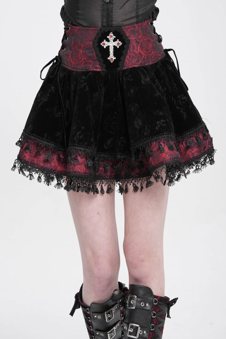 Black/Red Cross Tassel Print Women's Gothic Skirt