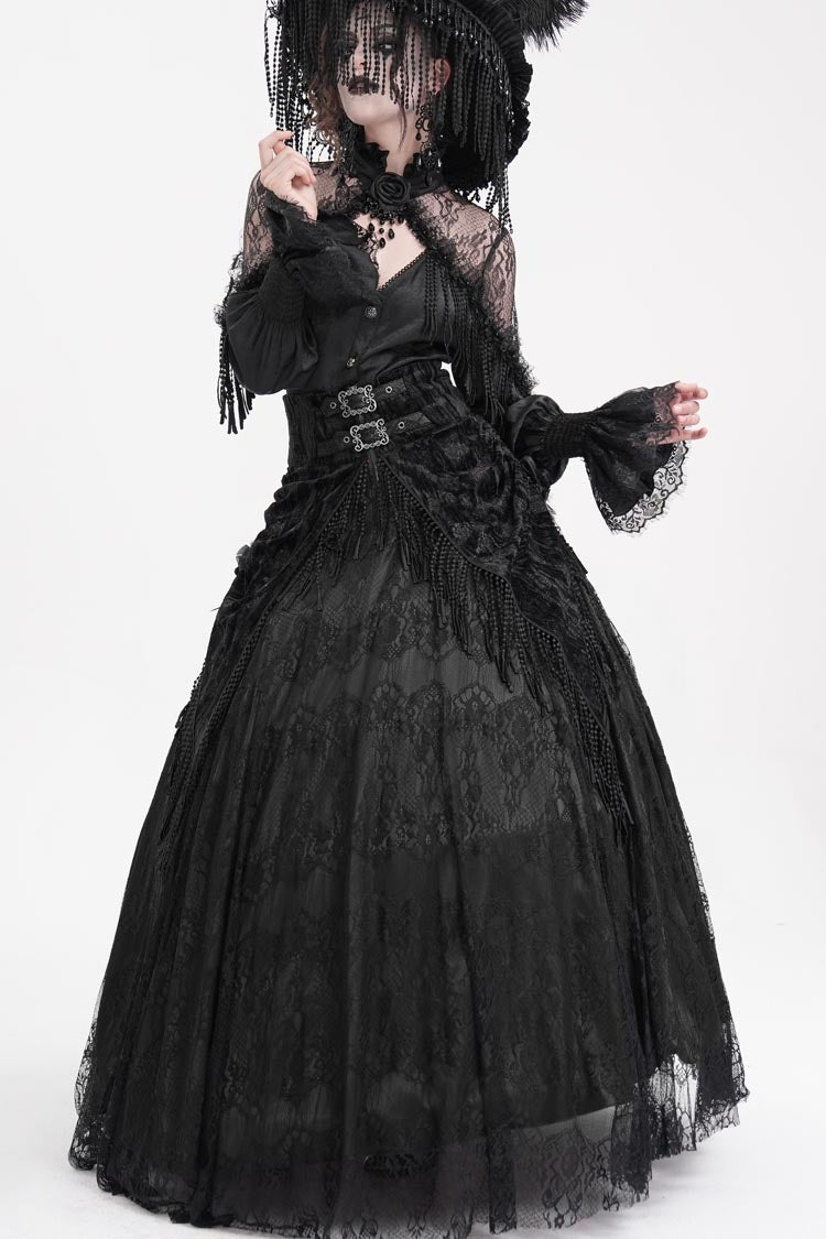 Black Print Embroidery Tassels Buckle-up Lace-Up Women's Gothic Long Skirt