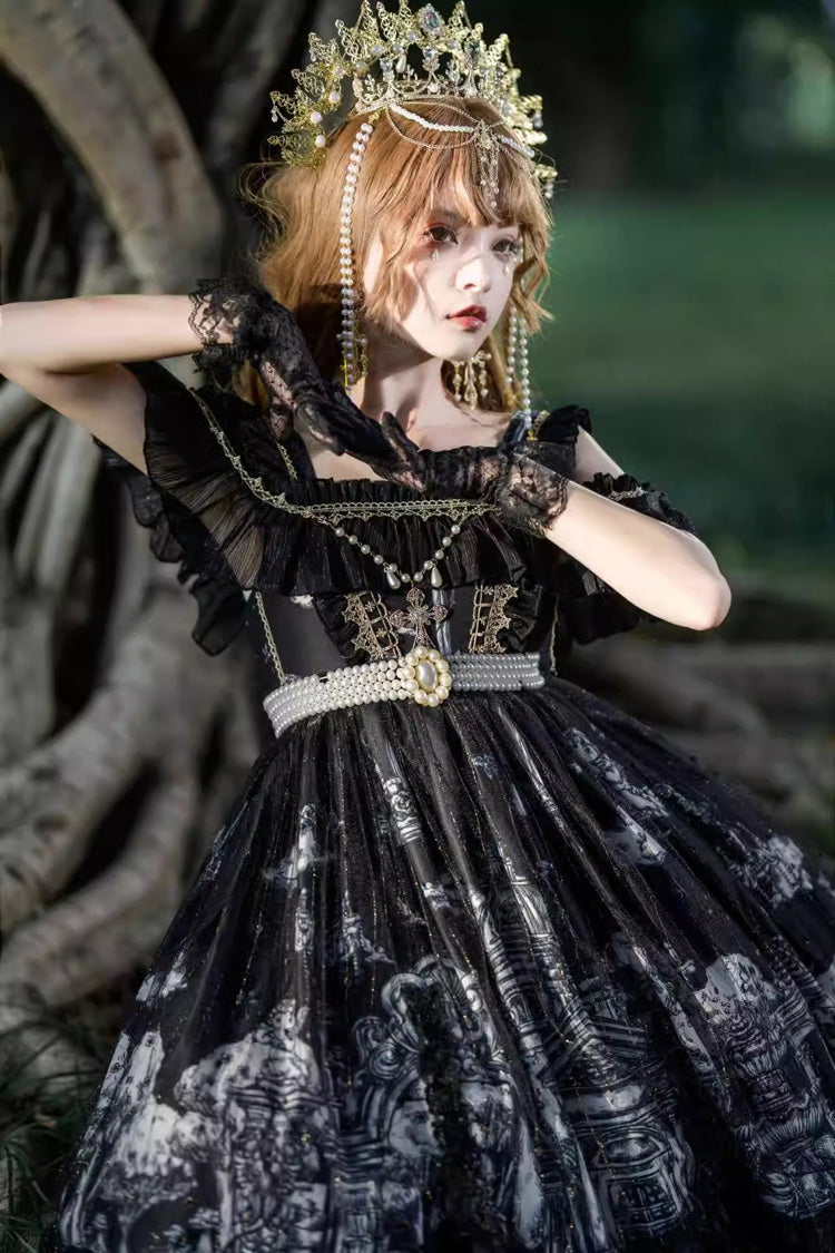 Schwarzes [Castle Feast] Gothic-Prinzessin-Lolita-Jsk-Kleid mit Rüschen und Schleife