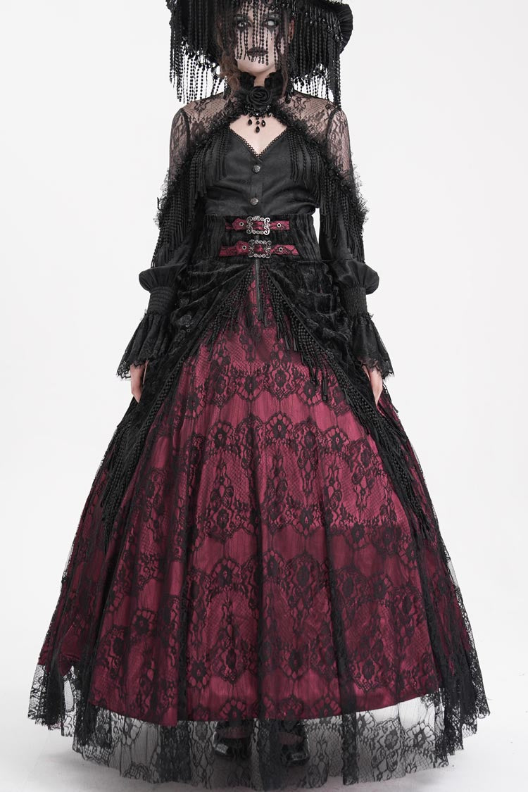 Wine Red Print Embroidery Tassels Buckle-up Lace-Up Women's Gothic Long Skirt