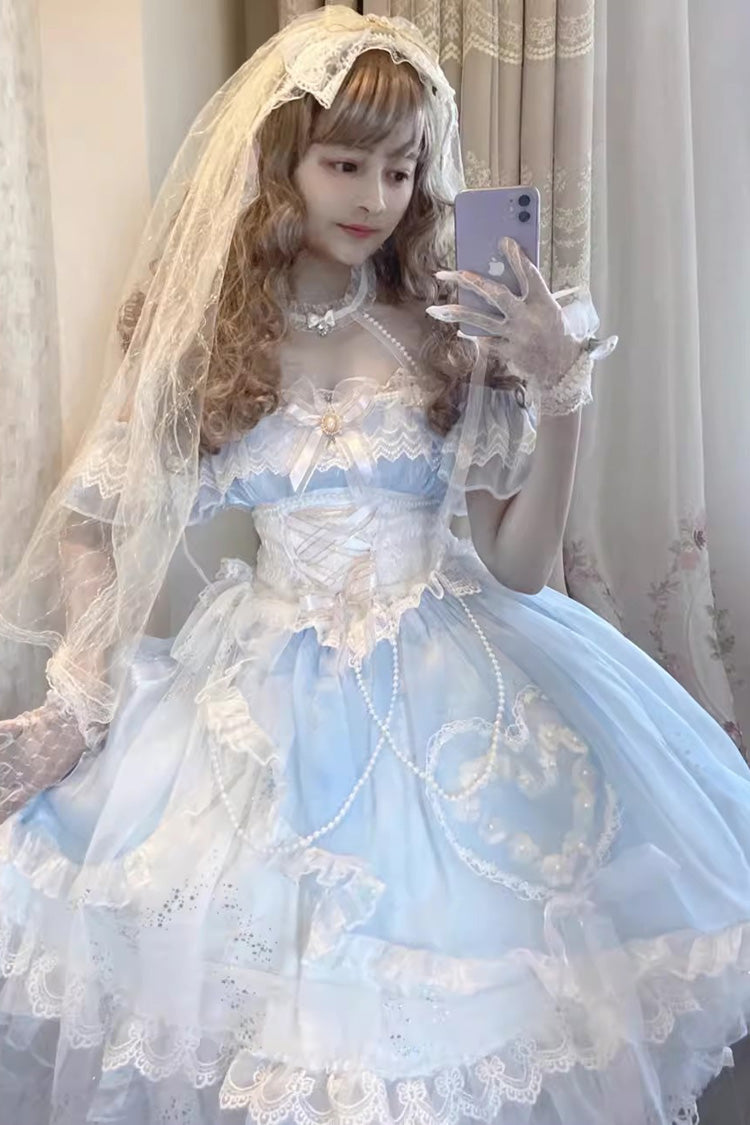 Blue/White [The Little Mermaid] Off Shoulder Halterneck Hanayome Bowknot Mesh Sweet Elegant Princess Lolita Dress