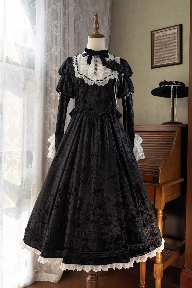 Schwarzes [Whispering Castle] Langärmliges Gothic Lolita Kleid mit Rüschen, Schleife und Spitze