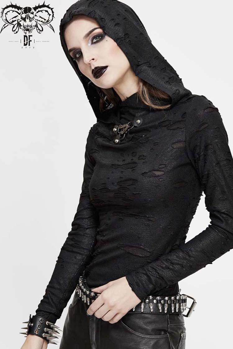 Black Hooded Snakeskin Ripped Pattern Triangle Metal Nail Asymmetrical Women's Punk Shirt