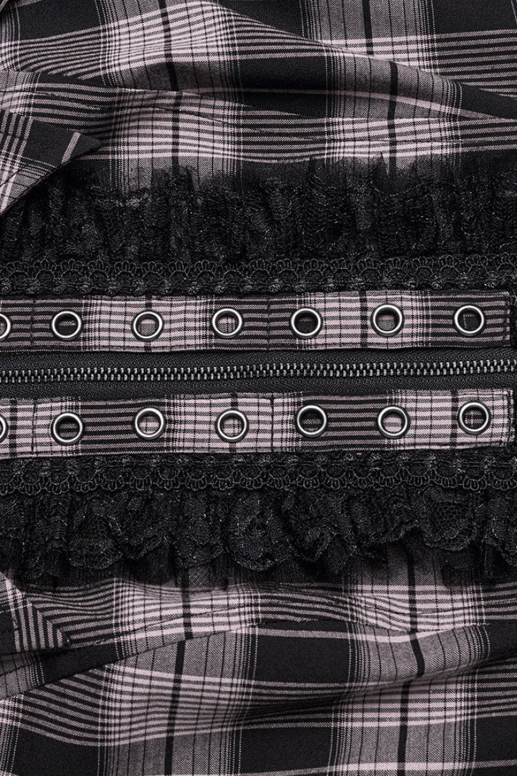 Women's Short Sleeves Plaid Print Hollow Lace Steampunk Blouse 2 Colors