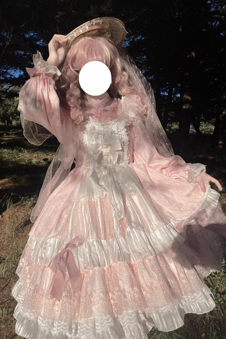 Pink Hanayome Long Sleeves Bowknot Multi-Layer Ruffled Sweet Lolita OP Tiered Dress