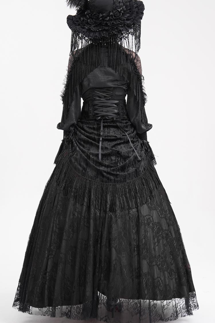 Black Print Embroidery Tassels Buckle-up Lace-Up Women's Gothic Long Skirt