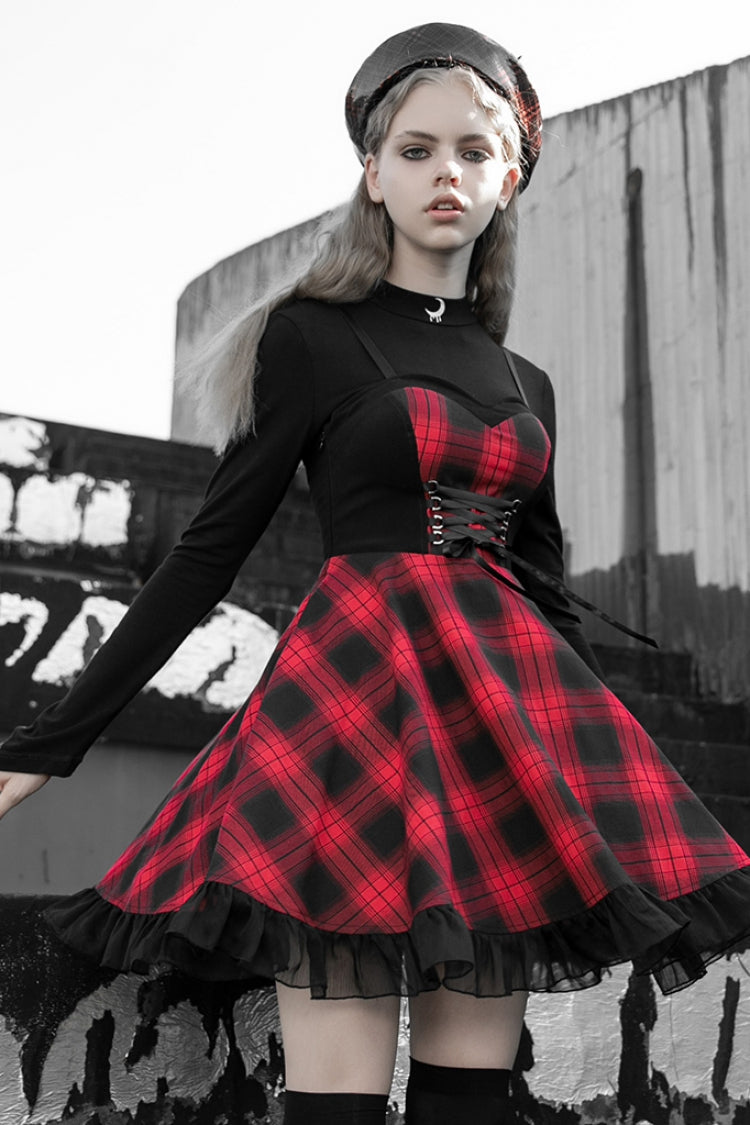 Black/Red Plaid Print Ruffle Lace Women's Punk Dress