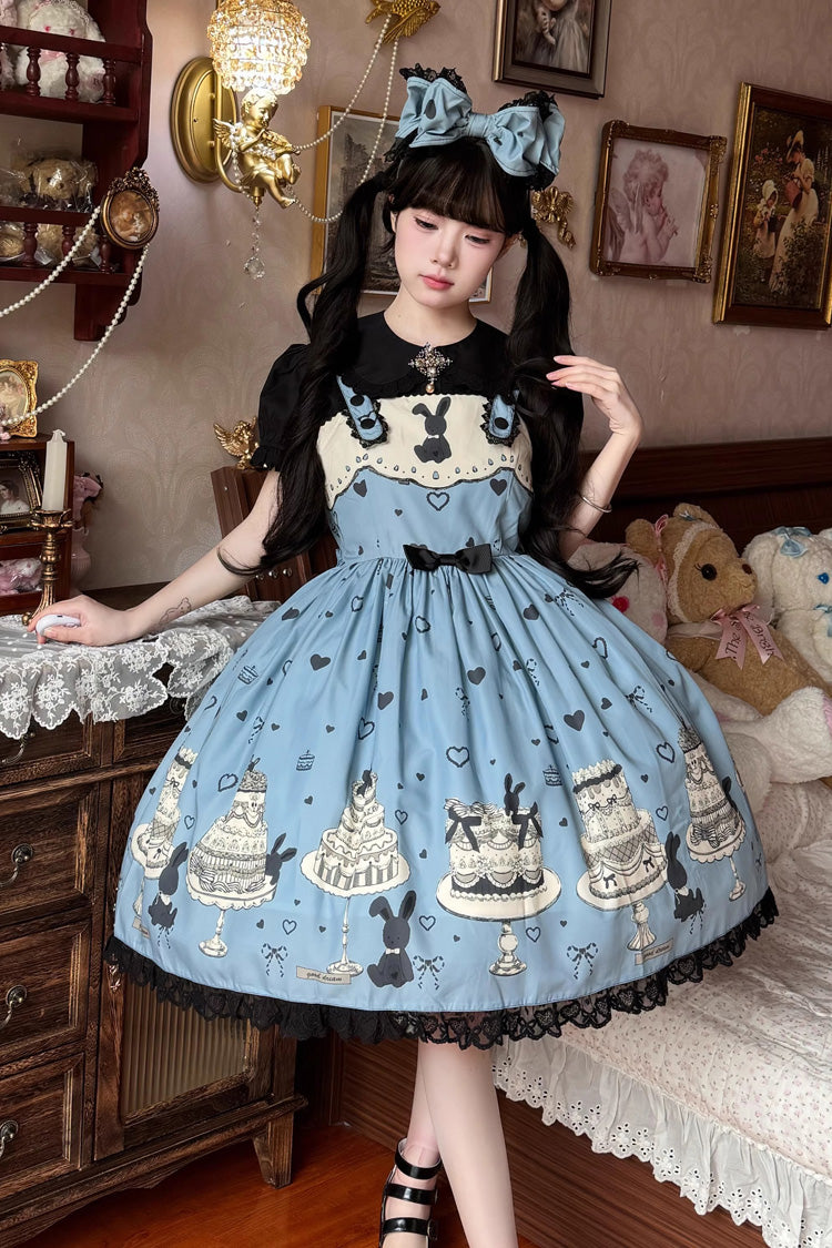 Blue Cake Bunny Print Bowknot Stitching Lace Sweet Lolita Jsk Dress