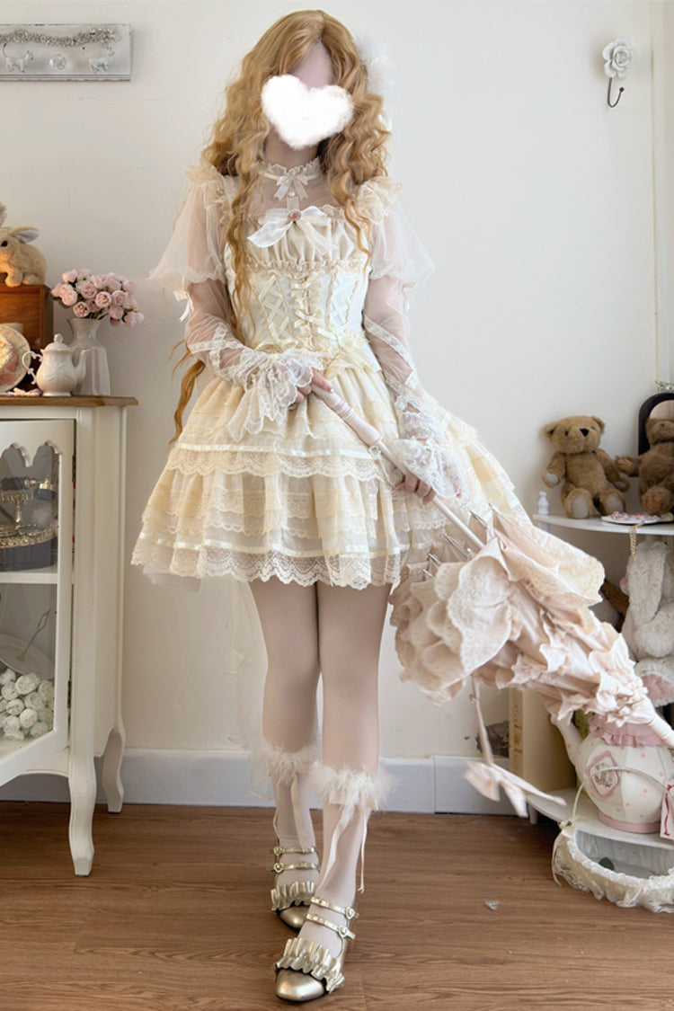 Apricot [Girl Love] Double-Layered Bowknot Lace Sweet Ballet Lolita Skirt Set