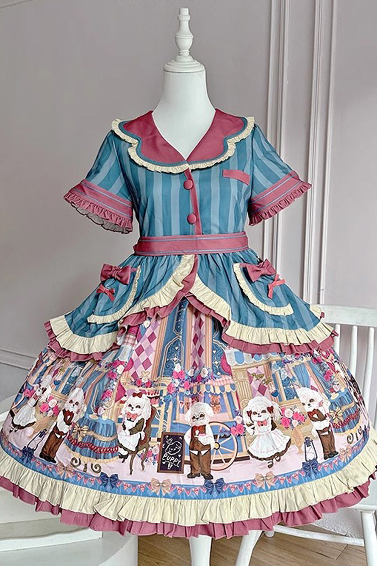 [Puppy Cafe] Print Ruffle Bowknot Sweet Lolita Dress 3 Colors