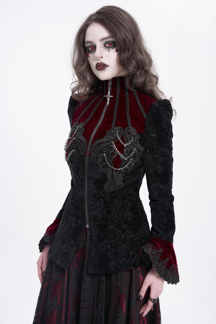 Black/Red Stand Collar Long Trumpet Sleeves Embroidery Women's Gothic Jacket