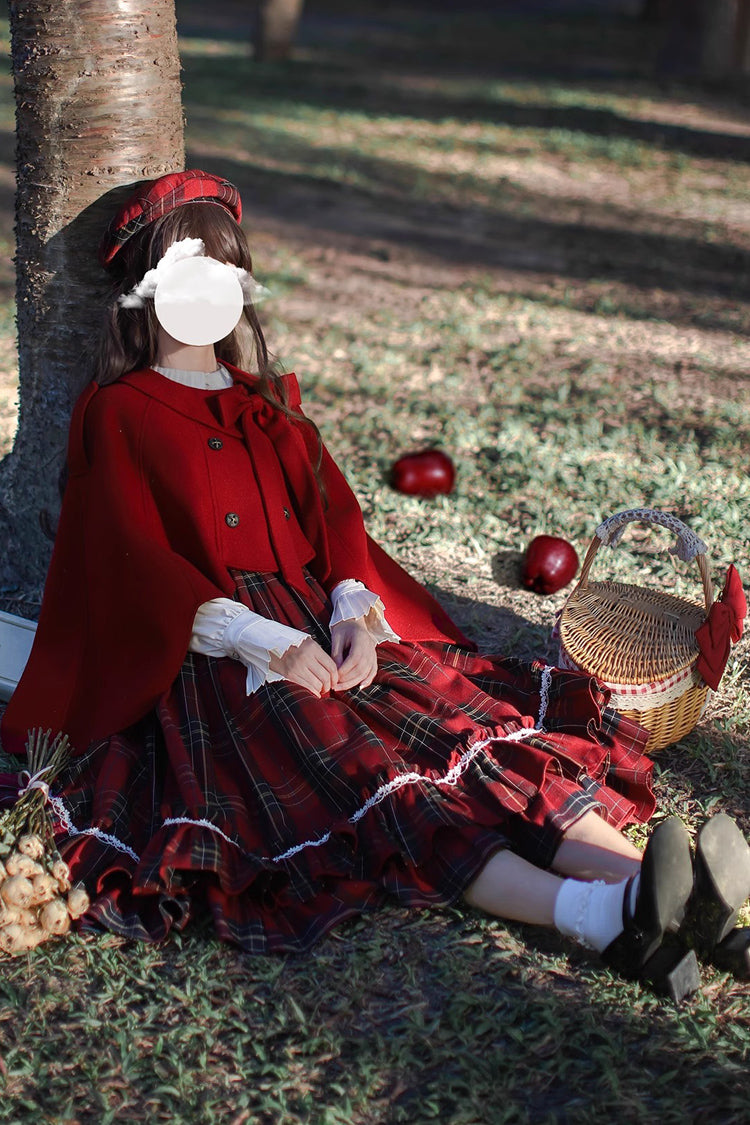 Red [Little Red Riding Hood] Double-Layered Plaid Print Ruffle Bowknot Sweet Vintage Lolita Jumper Dress