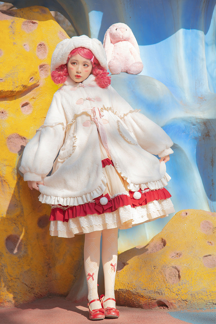 Ivory Long Ears Rabbit Ruffle Bowknot Hooded Daily Sweet Lolita Coat