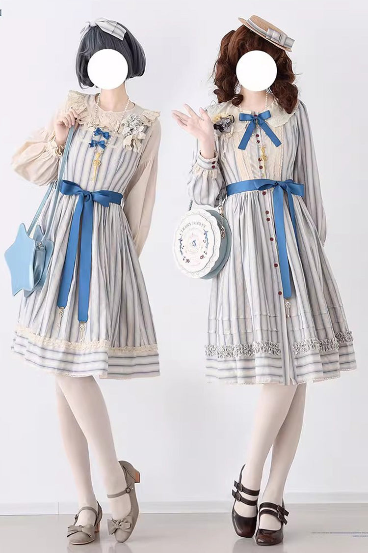 Forest Atlas Striped Print Long Sleeves Bowknot Sweet Lolita Dress 3 Colors