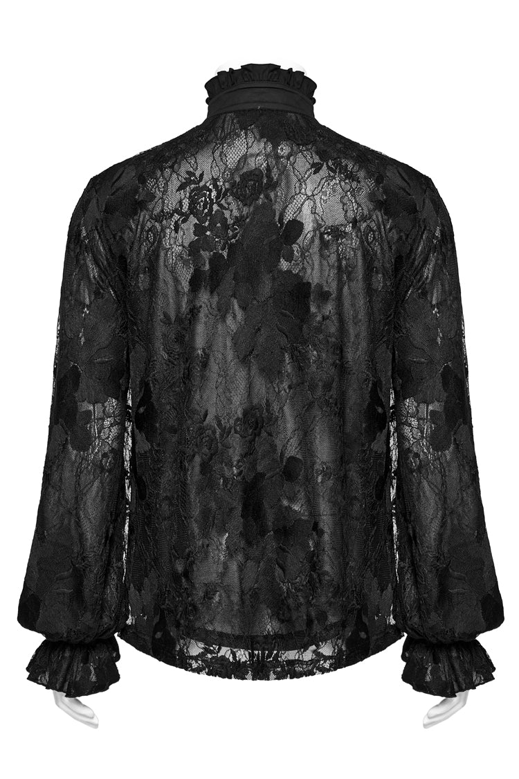 Black Stand Collar Lantern Sleeves Print Ruffle Lace Men's Gothic Blouse