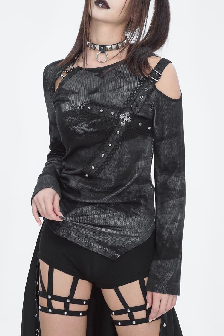 Black Long Sleeves Print Womens Steampunk Blouse