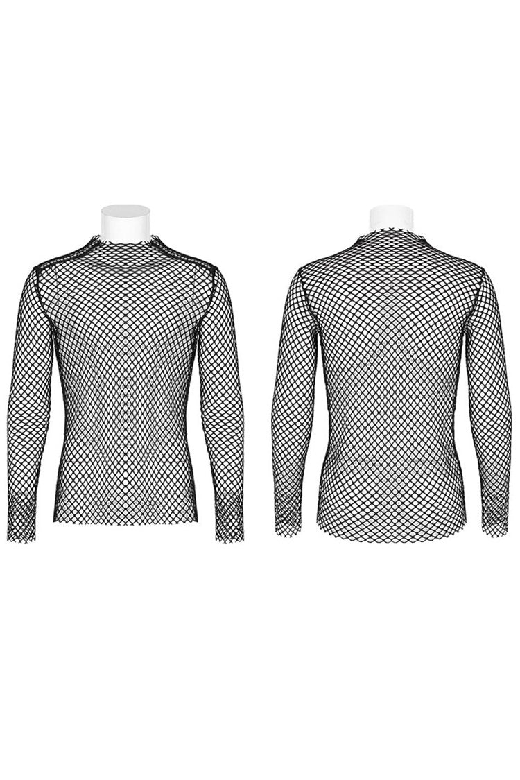 Black Punk Mesh See Through Sexy Long Sleeve Men's T-Shirt